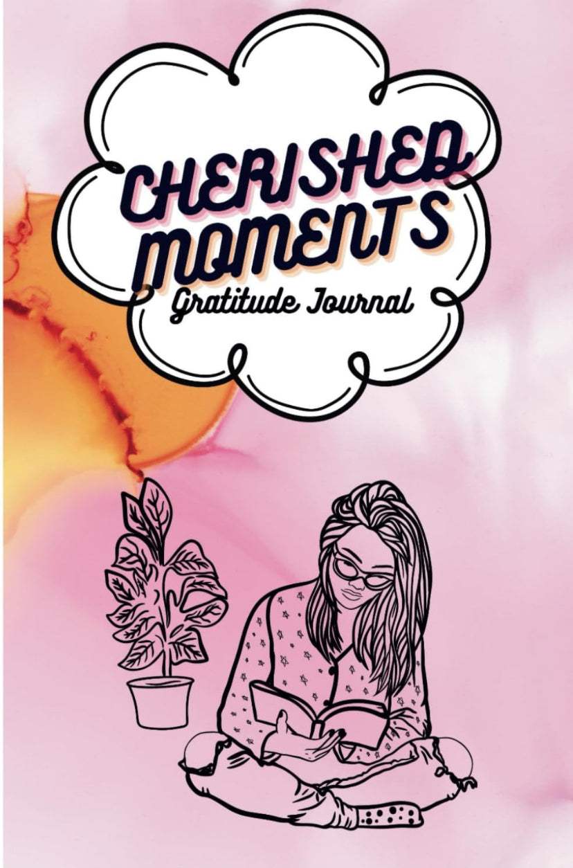 Cherished Moments Gratitude Journal cover with teen, plant, and vibrant background.